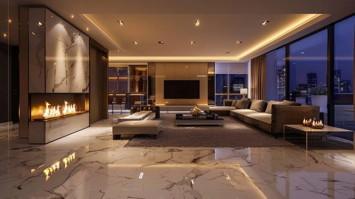 Modern luxury penthouse interior with fireplace, hotel-grade interior design