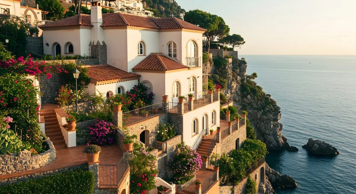 Cliffside Amalfi Coast villa at sunset with terraced gardens