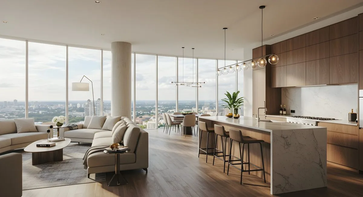 Penthouse interior with panoramic city skyline view at dusk