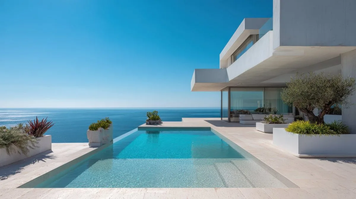 Modern Mediterranean villa with infinity pool overlooking the sea