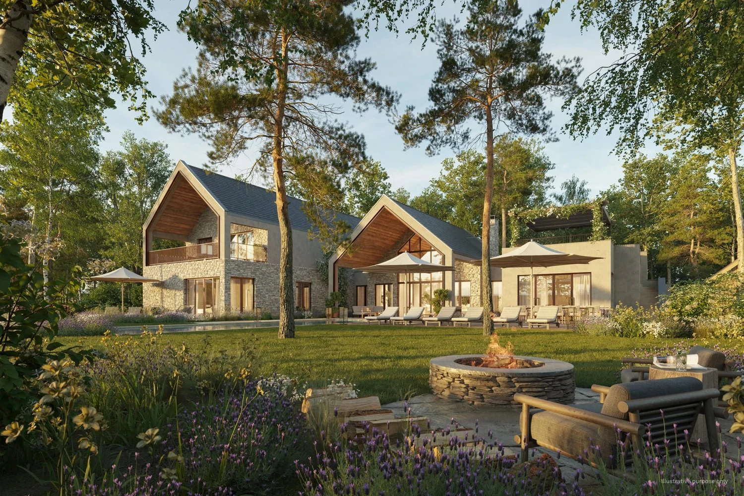 Rendering of Six Senses villas at Les Bordes set among tall pines with a lawn, terrace and fire pit